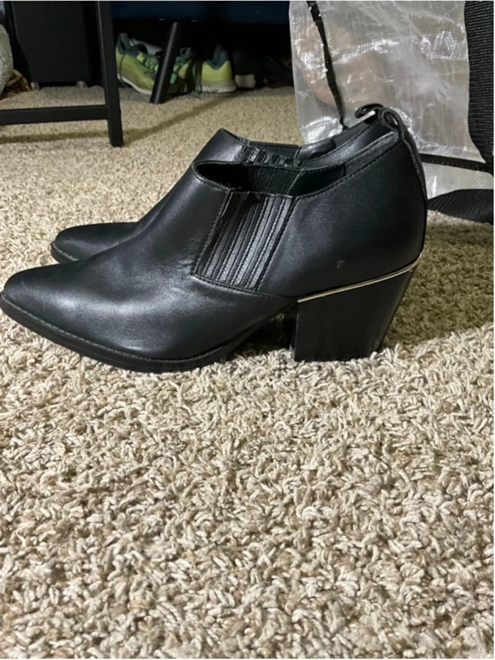 Bleeker & Bond Black Leather Boooties with Ruching and Gold Accent